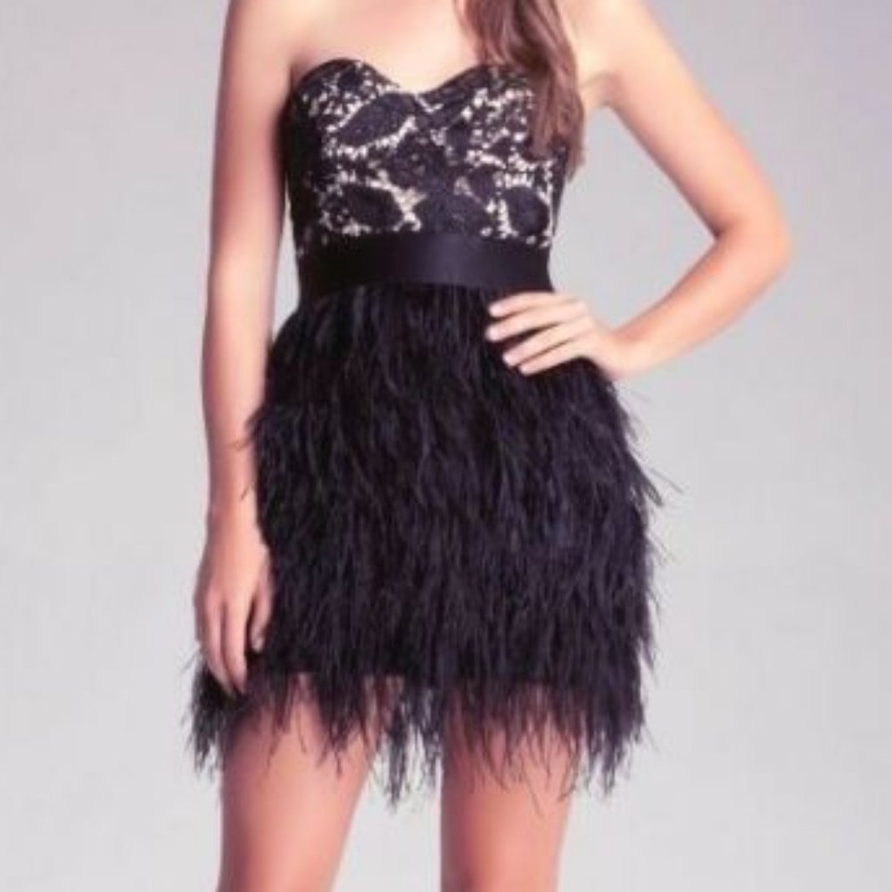 💋 bebe black lace ISIS feather strapless dress L New RARE 💋
